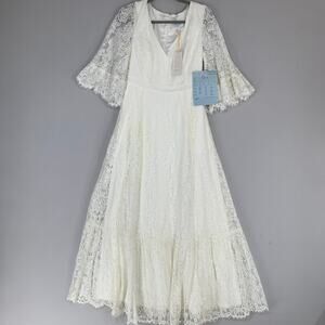 ModCloth Women Dress S White Lace Tiered Boho Bell Sheer Sleeve Half Sleeve NEW